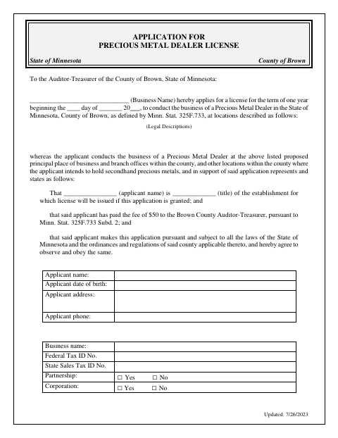 Application for Precious Metal Dealer License, Brown County form, first page