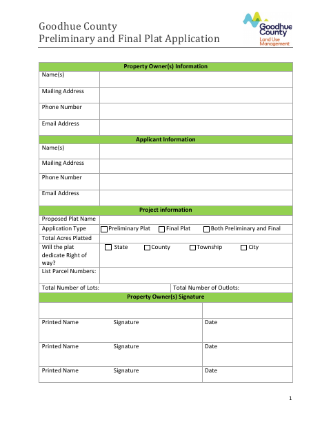 First page of the Preliminary and Final Plat Application