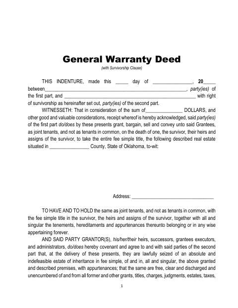 General Warranty Deed With Survivorship Clause, Rogers County form, first page