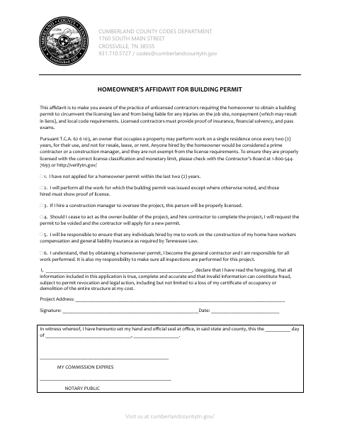 Homeowner’s Affidavit for Building Permit, Cumberland County form, first page
