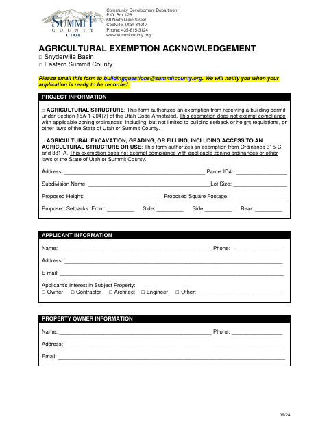 Agricultural Exemption Acknowledgment, Summit County form, first page