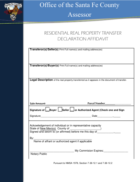 Residential Real Property Transfer Declaration Affidavit, Santa Fe County form, first page