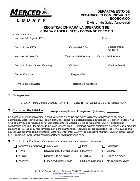 First page of the Cottage Food Operation Registration and Permit Form