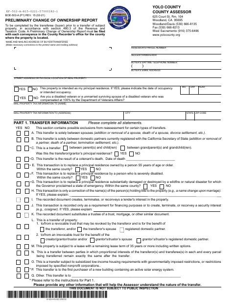 First page of the Preliminary Change of Ownership Report