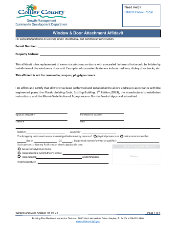 Window & Door Attachment Affidavit — Collier County form, first page