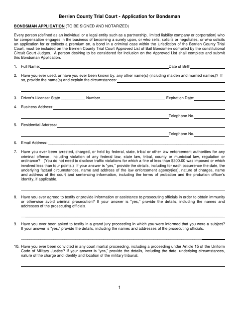 Bondsman Application, Berrien County form, first page
