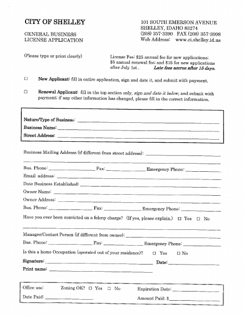 First page of the General Business License Application