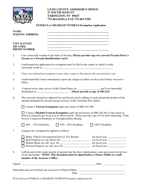 Veteran or Disabled Veteran Exemption Application, Lyon County form, first page