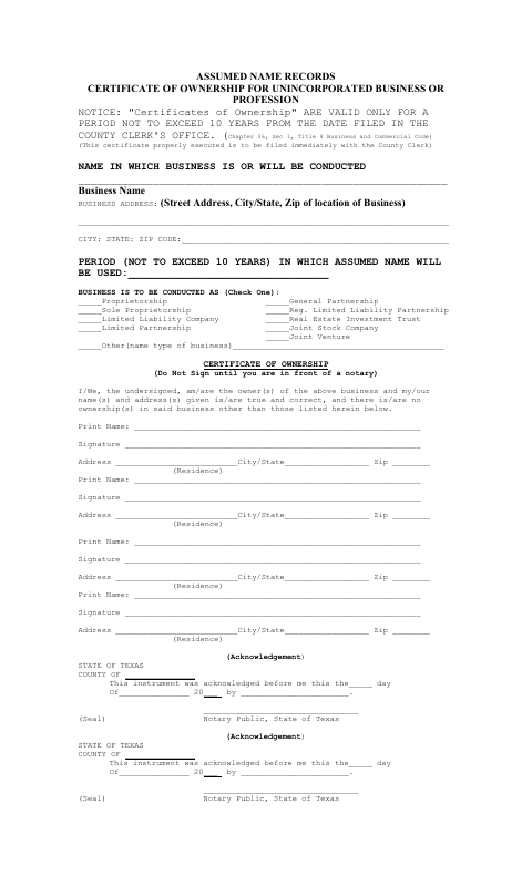 Assumed Name Certificate of Ownership for Unincorporated Business or Profession, Fannin County form, first page