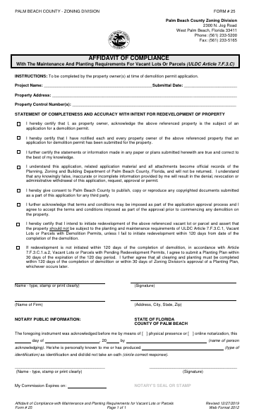 Form-25 Affidavit of Vacant Lot Maintenance. ... — Palm Beach County form, first page