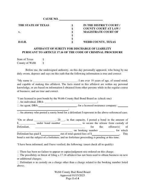 Affidavit of Surety for Discharge of Liability, Webb County form, first page