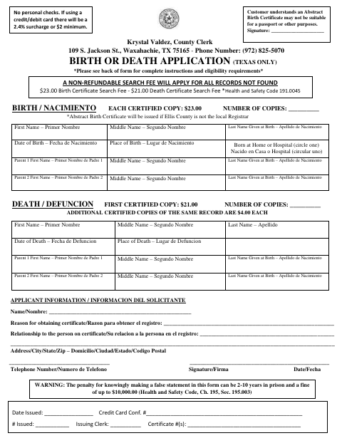 First page of the Birth or Death Certificate Application