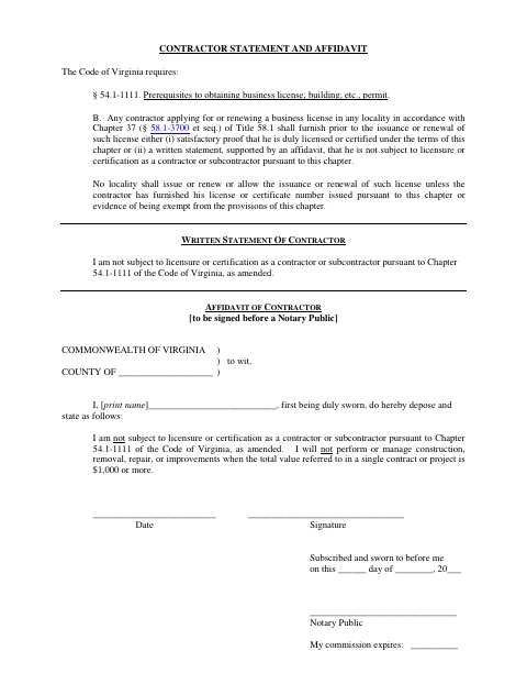 Contractor Statement and Affidavit, City of Fredericksburg form, first page