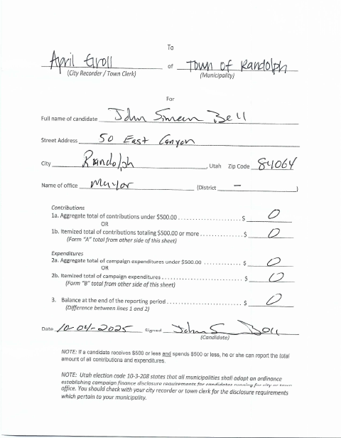 First page of the Campaign Finance Report and Declaration of Candidacy