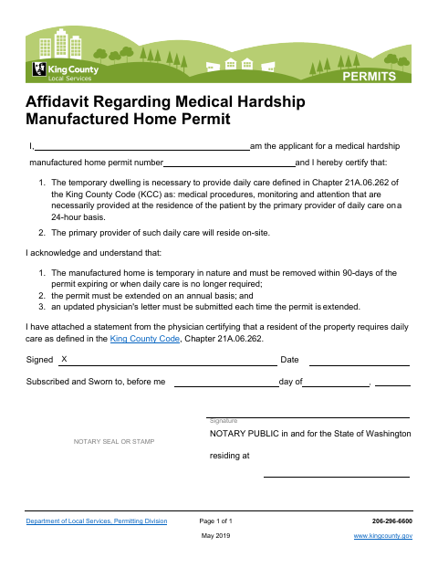 Affidavit Regarding Medical Hardship Manufactured Home Permit, King County form, first page