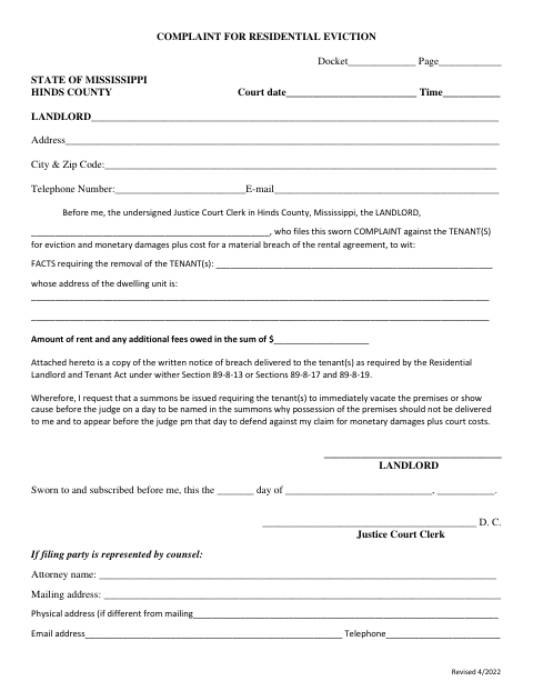 Complaint for Residential Eviction, Hinds County form, first page