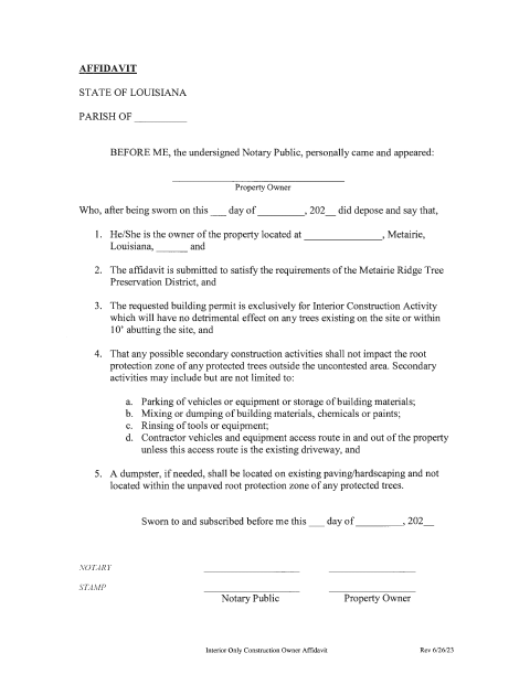 Interior Only Construction Owner Affidavit, Jefferson Parish form, first page