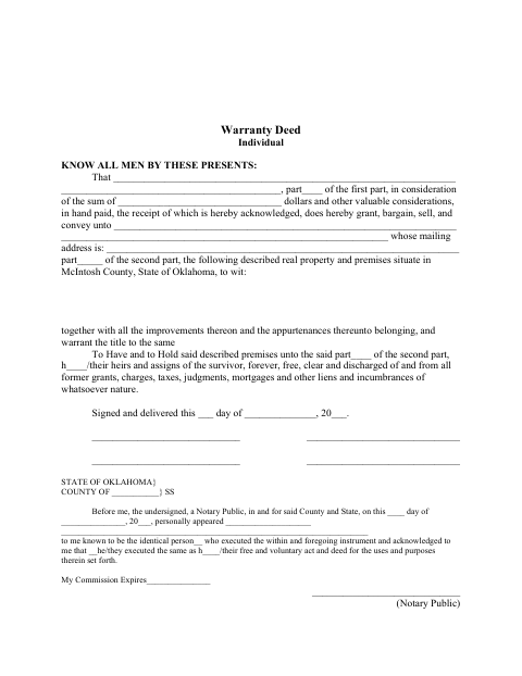 Warranty Deed Individual, McIntosh County form, first page