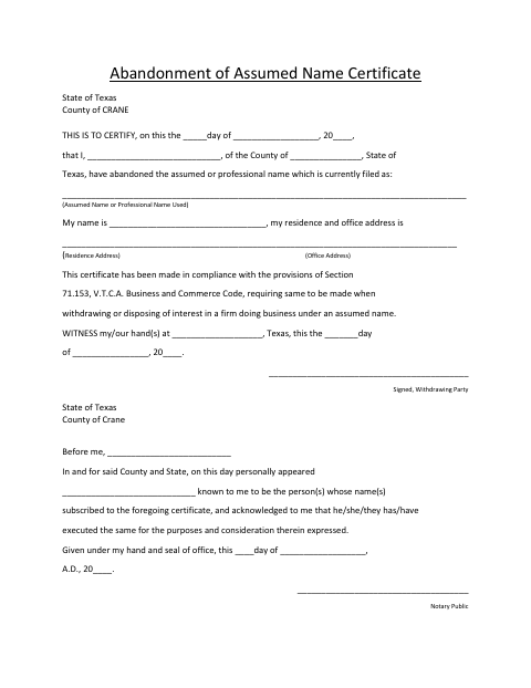 Abandonment of Assumed Name Certificate, Crane County form, first page