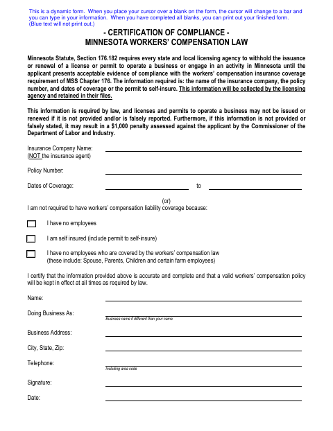 First page of the Certification of Compliance With Minnesota Workers’ Compensation Law