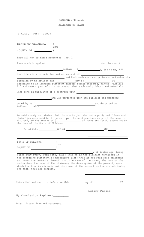 Mechanic's Lien Statement of Claim, Grant County form, first page