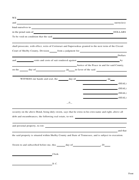 Supersedeas Bond, Shelby County form, first page