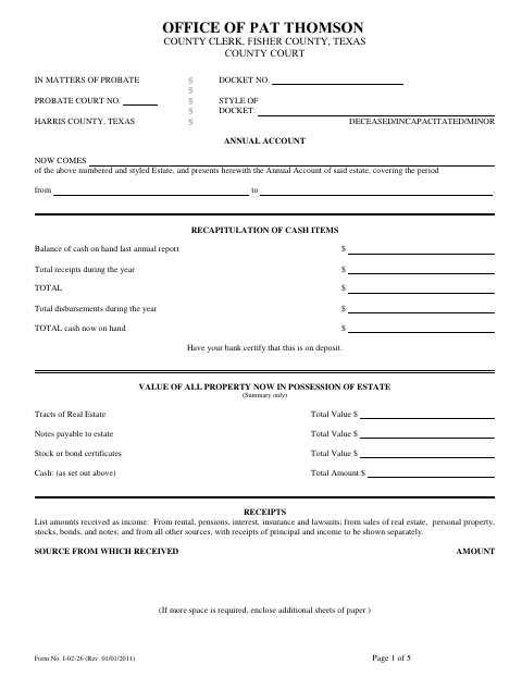 Annual Account, Fisher County form, first page