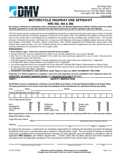 VP-254 Motorcycle Highway Use Affidavit first page