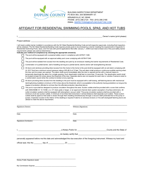 Affidavit for Residential Swimming Pools, Spas, and Hot Tubs, Duplin County form, first page