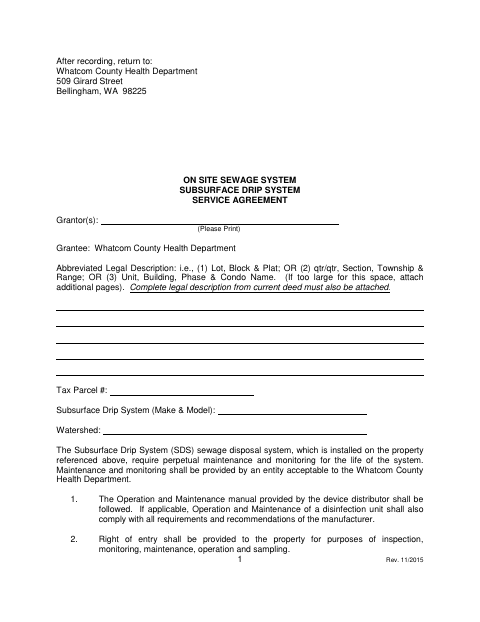 Subsurface Drip System Service Agreement, Whatcom County form, first page