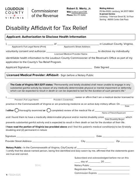 Disability Affidavit for Tax Relief, Loudoun County form, first page