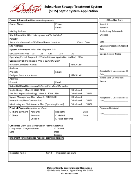 First page of the Subsurface Sewage Treatment System Septic System Application