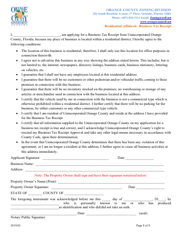 Residential Affidavit– Business Tax Receipt — Orange County form, first page