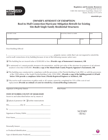 OWNER'S AFFIDAVIT OF EXEMPTION Roof-to-Wall ... — Miami-Dade County form, first page