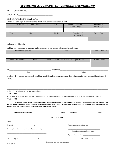 Affidavit Of Vehicle Ownership, Goshen County form, first page