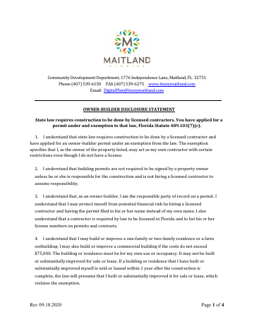 First page of the Owner-Builder Affidavit & Disclosure Statement