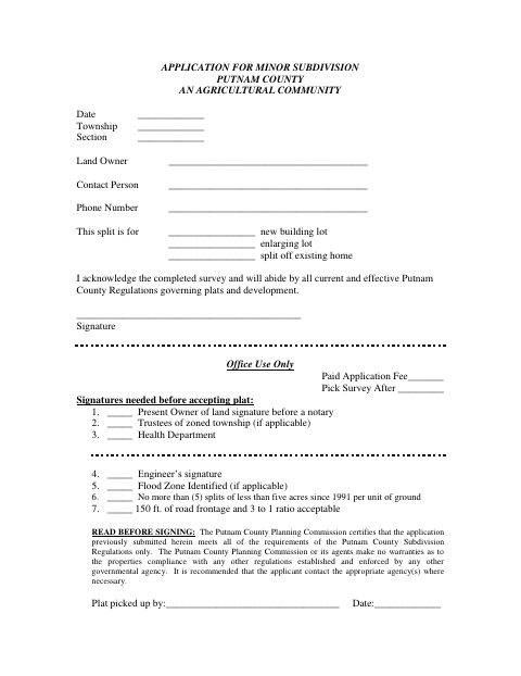 Application For Minor Subdivision, Putnam County form, first page