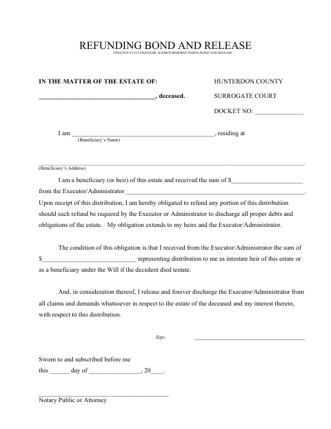 Refunding Bond And Release, Hunterdon County form, first page