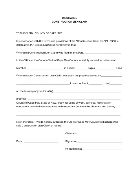 Discharge Construction Lien, Cape May County form, first page