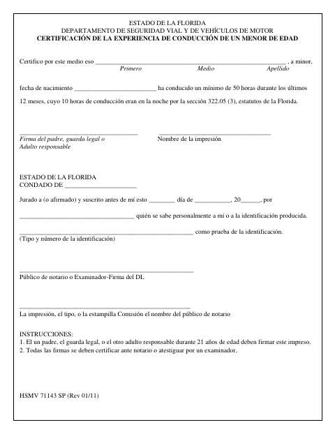 Minor Driving Experience Certification 71143SP first page