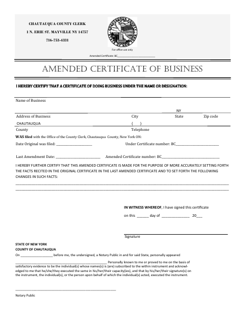 Amended Business Certificate, Chautauqua County form, first page
