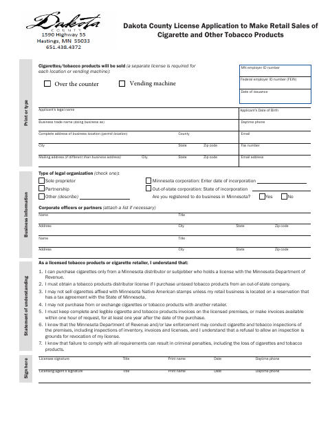 First page of the License Application to Make Retail Sales of Cigarette and Other Tobacco Products