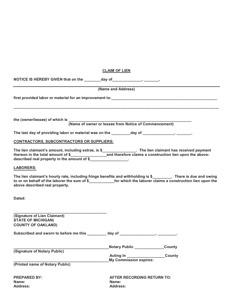 Claim of Lien, Oakland County form, first page