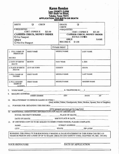 Application For Birth Or Death Record, Lynn County form, first page