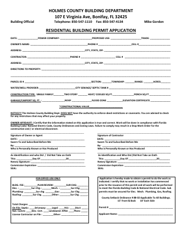 residential building permit application — Holmes County form, first page