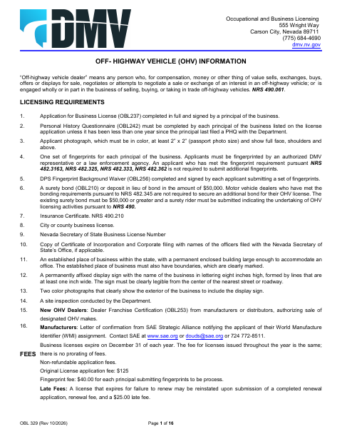 OBL 329 Off-Highway Vehicle Information first page