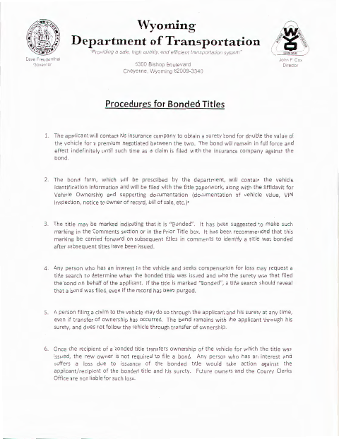 Bond for Certificate of Title, Washakie County form, first page