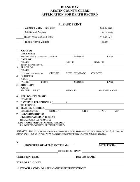 First page of the Application for Death Record