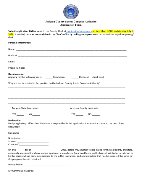 Sports Complex Authority Application Form, Jackson County form, first page