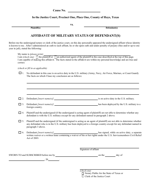 Affidavit of Military Status of Defendant(s), Hays County form, first page